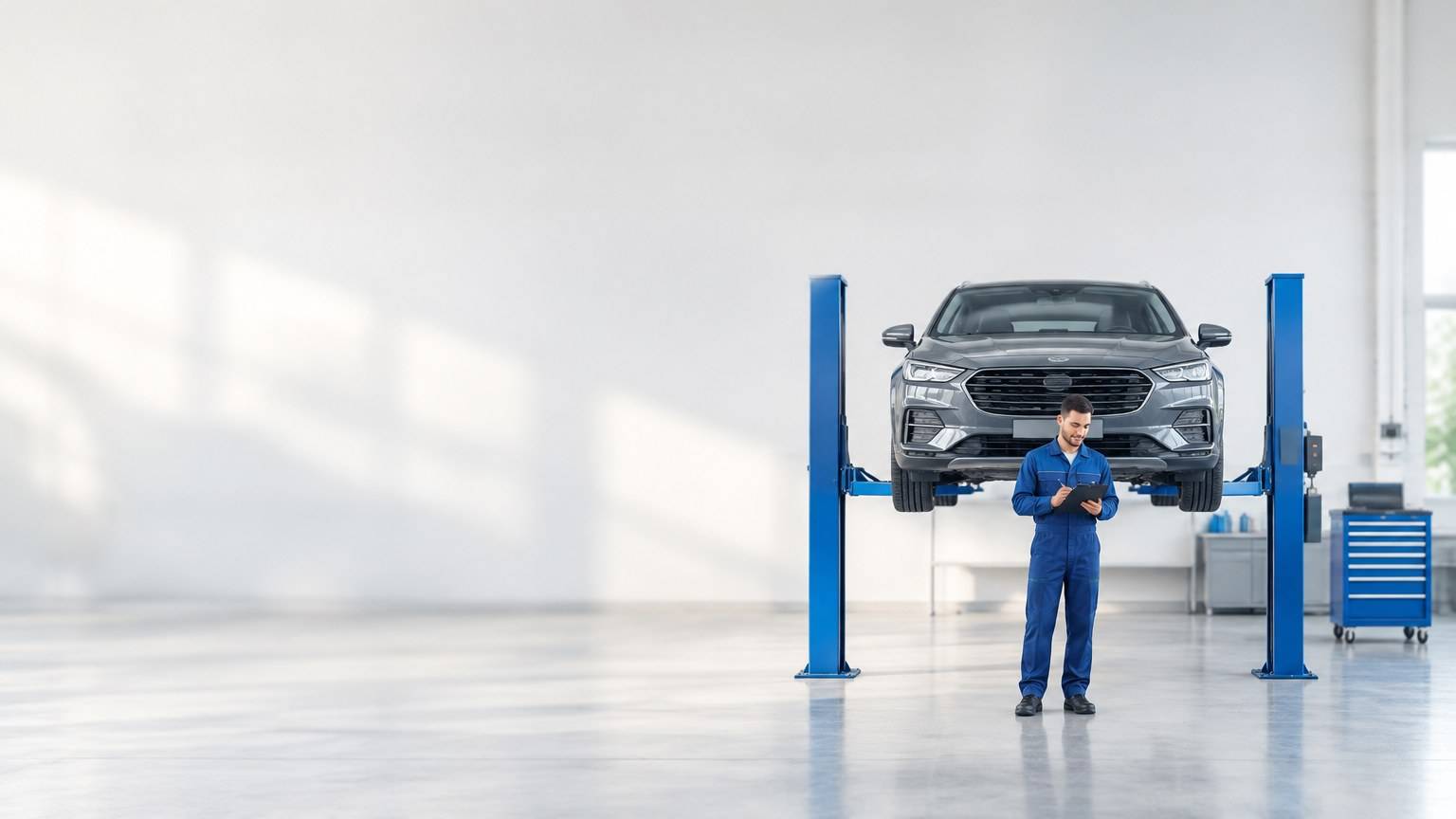 Автосервис: механик осматривает автомобиль на подъёмнике