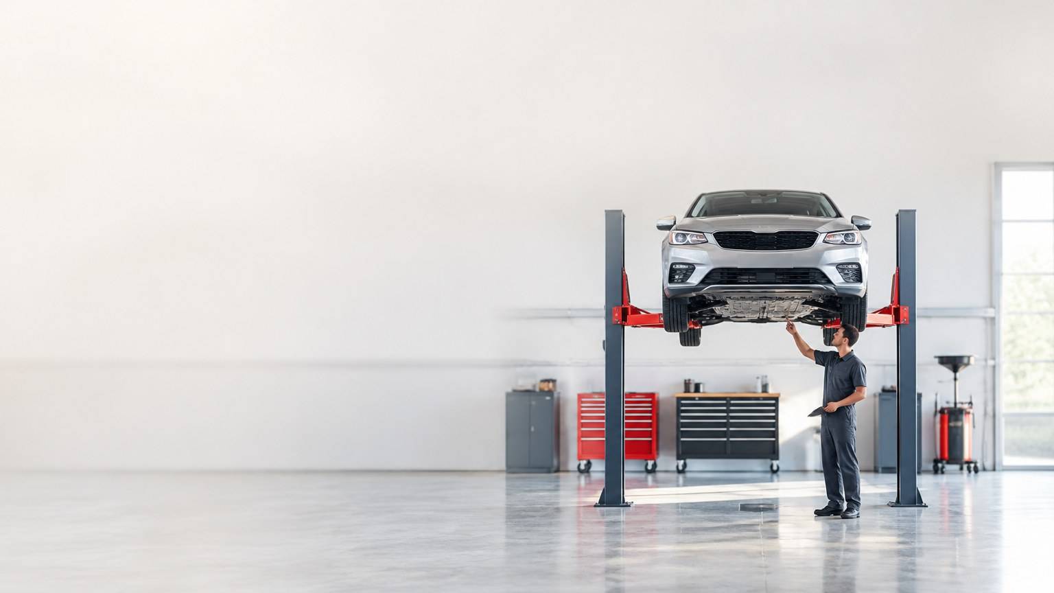 Автомеханик показывает клиенту автомобиль на подъёмнике в автосервисе